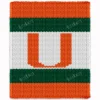 Miami Hurricanes Finger Knit Blanket Pattern - a bright orange U on a white center framed by green and orange bands, college football team graphghan, worked in stockinette colorwork with 3 colors: Orange, Green, White.
