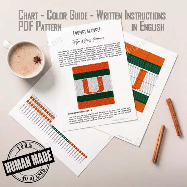 Miami Hurricanes Finger Knit Blanket Pattern - a bright orange U on a white center framed by green and orange bands, college football team graphghan, worked in stockinette colorwork with 3 colors: Orange, Green, White.