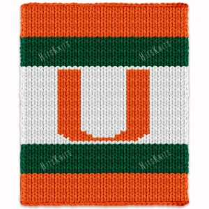 Miami Hurricanes Finger Knit Blanket Pattern - a bright orange U on a white center framed by green and orange bands, college football team graphghan, worked in stockinette colorwork with 3 colors: Orange, Green, White.