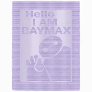 Baymax Blanket Knitting Pattern showing a textured silhouette of Baymax, the rounded healthcare robot from Big Hero 6 with a calm two-dot face, on a solid single-color blanket with a garter stitch border, worked in one color, 182 stitches x 322 rows.