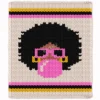 Bubblegum Chunky Blanket Finger Knitting Pattern showing a girl with a black afro, camel skin, pink sunglasses, and gold hoop earrings blowing a pink bubblegum bubble on an ivory background with pink, black, and yellow stripes, worked in stockinette colorwork intarsia with 5 colors: Ivory, Black, Pink, Yellow, and Camel.