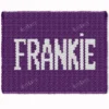Frankie Chunky Blanket Knitting Pattern showing the name Frankie in crisp white block letters running along the length of a deep purple blanket, worked in stockinette colorwork intarsia with 2 colors: Purple and White.