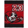 Maryville Saints Finger Knit Blanket Pattern showing Louie the Saint Bernard mascot mid-leap with one paw forward and the number 23, in red, black, and white with a black band top and bottom, worked in stockinette colorwork with 3 colors: Black, Red, and White.