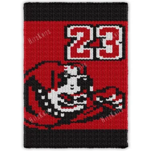 Maryville Saints Finger Knit Blanket Pattern showing Louie the Saint Bernard mascot mid-leap with one paw forward and the number 23, in red, black, and white with a black band top and bottom, worked in stockinette colorwork with 3 colors: Black, Red, and White.
