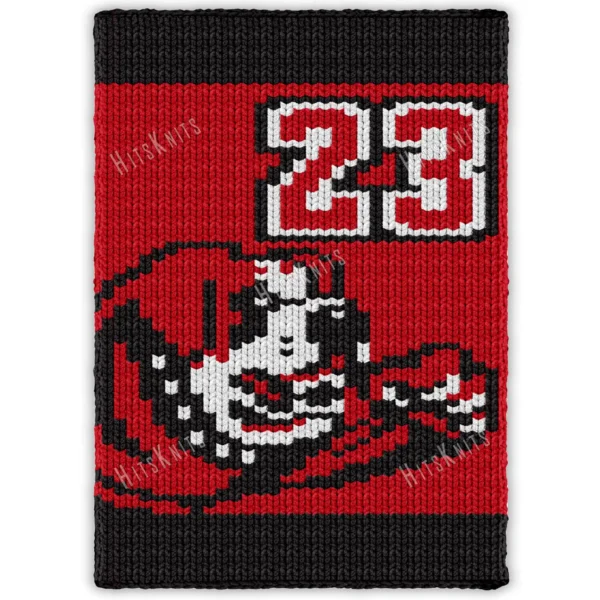 Maryville Saints Finger Knit Blanket Pattern showing Louie the Saint Bernard mascot mid-leap with one paw forward and the number 23, in red, black, and white with a black band top and bottom, worked in stockinette colorwork with 3 colors: Black, Red, and White.