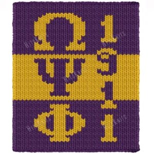 Omega Psi Phi Finger Knit Blanket Pattern - gold Greek letters Omega, Psi and Phi with the year 1911 on a purple background, worked in stockinette colorwork with 2 colors: Purple and Gold.