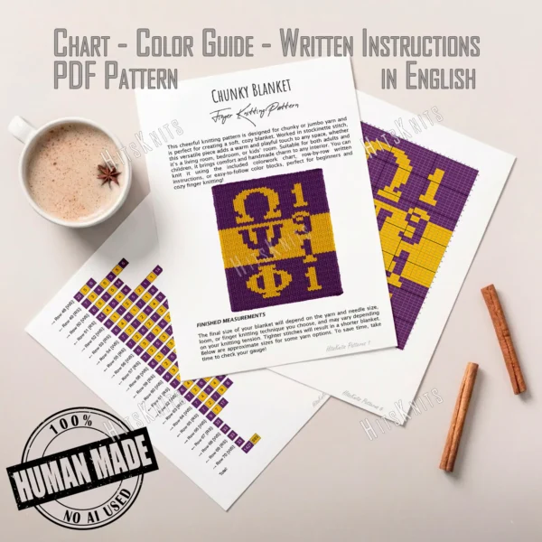 Omega Psi Phi Finger Knit Blanket Pattern - gold Greek letters Omega, Psi and Phi with the year 1911 on a purple background, worked in stockinette colorwork with 2 colors: Purple and Gold.