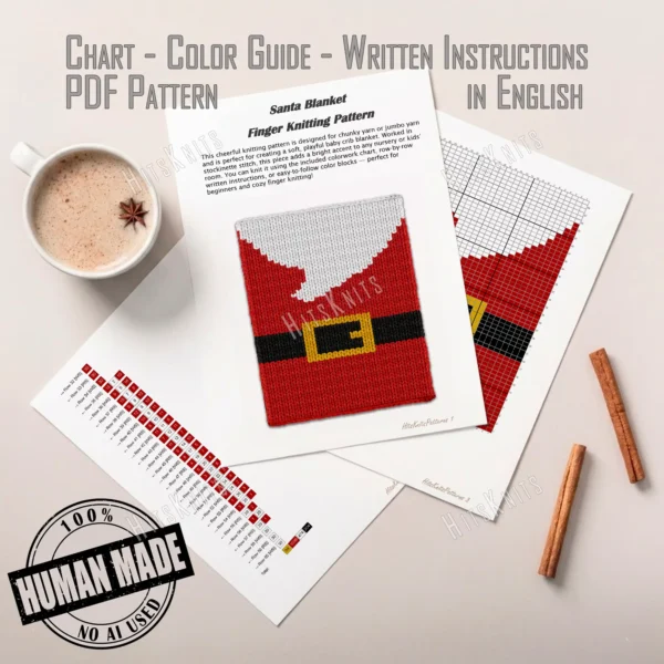 Christmas Santa Finger Knit Blanket Pattern - close-up of the Santa suit with a red coat, a black belt and a yellow buckle across the middle and a white beard above, bold festive holiday mood, worked in stockinette colorwork intarsia with 4 colors: Red, White, Black, Yellow.