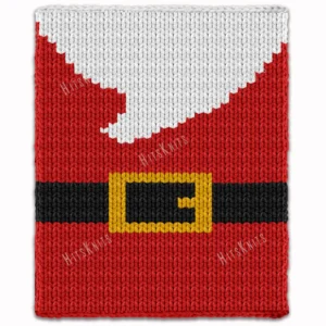 Christmas Santa Finger Knit Blanket Pattern - close-up of the Santa suit with a red coat, a black belt and a yellow buckle across the middle and a white beard above, bold festive holiday mood, worked in stockinette colorwork intarsia with 4 colors: Red, White, Black, Yellow.