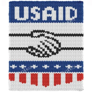 USAID Finger Knit Blanket Pattern - white USAID lettering with a black handshake logo on a blue field of white stars above red stripes, worked in stockinette colorwork intarsia with 4 colors: White, Blue, Black, Red.