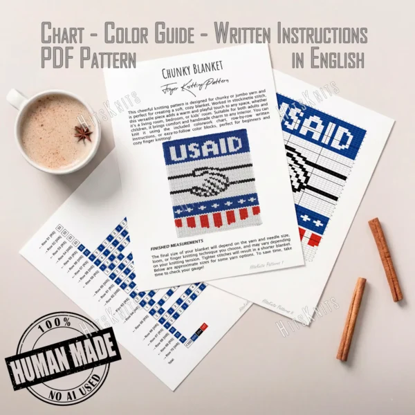USAID Finger Knit Blanket Pattern - white USAID lettering with a black handshake logo on a blue field of white stars above red stripes, worked in stockinette colorwork intarsia with 4 colors: White, Blue, Black, Red.