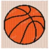 Basketball Intarsia Knit Panel Pattern showing a bold orange basketball with heavy black seam lines on a cream background, worked in stockinette intarsia colorwork with 3 colors: Cream, Orange, and Black.