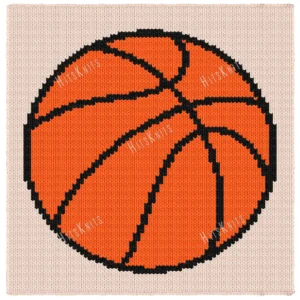 Basketball Intarsia Knit Panel Pattern showing a bold orange basketball with heavy black seam lines on a cream background, worked in stockinette intarsia colorwork with 3 colors: Cream, Orange, and Black.