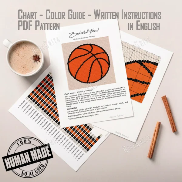 Basketball Intarsia Knit Panel Pattern showing a bold orange basketball with heavy black seam lines on a cream background, worked in stockinette intarsia colorwork with 3 colors: Cream, Orange, and Black.