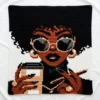 Coffee Lady Crochet Blanket Pattern showing a stylish Black woman with an afro, round sunglasses, gold hoop earrings and a necklace, holding a coffee cup, worked in single crochet intarsia colorwork with 6 colors: Black, White, Camel, Beige, Brown, and Gray.