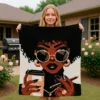Coffee Lady Crochet Blanket Pattern showing a stylish Black woman with an afro, round sunglasses, gold hoop earrings and a necklace, holding a coffee cup, worked in single crochet intarsia colorwork with 6 colors: Black, White, Camel, Beige, Brown, and Gray.