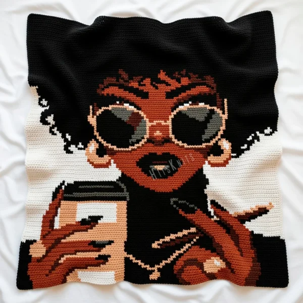 Coffee Lady Crochet Blanket Pattern showing a stylish Black woman with an afro, round sunglasses, gold hoop earrings and a necklace, holding a coffee cup, worked in single crochet intarsia colorwork with 6 colors: Black, White, Camel, Beige, Brown, and Gray.