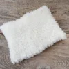 Free Easy Neck Warmer Knitting Pattern showing a soft cream white faux fur cowl worn close around the neck, knitted flat in garter stitch on 8 mm needles in one solid colour and seamed into a tube.