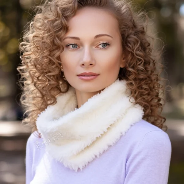 Free Easy Neck Warmer Knitting Pattern showing a soft cream white faux fur cowl worn close around the neck, knitted flat in garter stitch on 8 mm needles in one solid colour and seamed into a tube.
