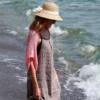 Lace Heart Bolero Knitting Pattern showing a lightweight pink lace shrug with an eyelet heart motif on the back, worked in sport weight cotton, sizes XS to 4XL.