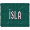 Isla Name Blanket Knitting Pattern showing the custom name Isla in blush pink cursive lettering with a long flourish underneath, set on a deep forest green background, worked in jumbo yarn colorwork with 2 colors: Forest and Blush.