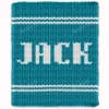 Jack Baby Blanket Finger Knitting Pattern showing a personalized custom name design with the name Jack in white block lettering on a blue background with matching stripes, worked in stockinette colorwork intarsia with 2 colors: Blue and White.