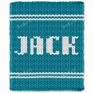 Jack Baby Blanket Finger Knitting Pattern showing a personalized custom name design with the name Jack in white block lettering on a blue background with matching stripes, worked in stockinette colorwork intarsia with 2 colors: Blue and White.