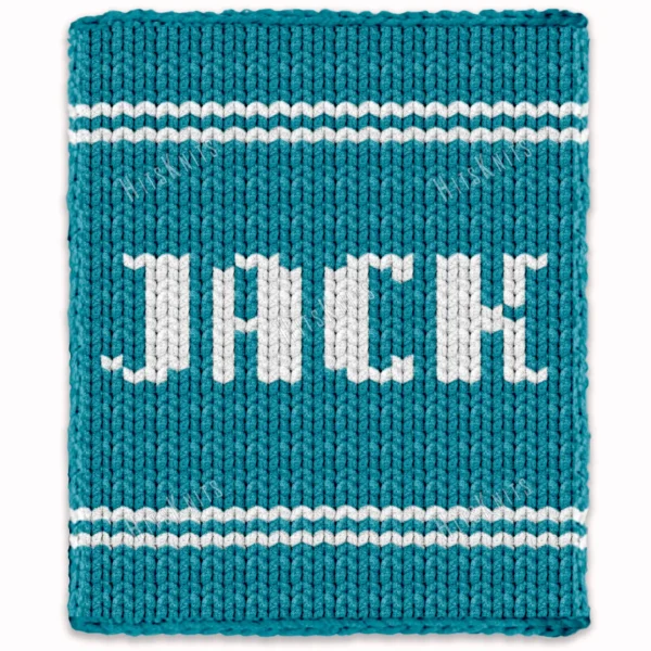 Jack Baby Blanket Finger Knitting Pattern showing a personalized custom name design with the name Jack in white block lettering on a blue background with matching stripes, worked in stockinette colorwork intarsia with 2 colors: Blue and White.
