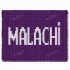 Malachi Chunky Blanket Knitting Pattern showing the name Malachi in crisp white block letters running along the length of a deep purple blanket, worked in stockinette colorwork intarsia with 2 colors: Purple and White.
