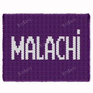 Malachi Chunky Blanket Knitting Pattern showing the name Malachi in crisp white block letters running along the length of a deep purple blanket, worked in stockinette colorwork intarsia with 2 colors: Purple and White.