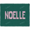 Noelle Chunky Blanket Knitting Pattern showing the name Noelle in soft blush block letters running along the length of a deep forest green blanket, worked in stockinette colorwork intarsia with 2 colors: Forest and Blush.
