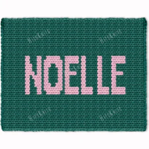 Noelle Chunky Blanket Knitting Pattern showing the name Noelle in soft blush block letters running along the length of a deep forest green blanket, worked in stockinette colorwork intarsia with 2 colors: Forest and Blush.