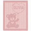 Olivia Stroller Blanket Knitting Pattern showing a textured teddy bear holding a heart-shaped balloon with the name Olivia inside, on a solid dusty rose blanket with a garter stitch border, worked in one color, 130 stitches x 230 rows.