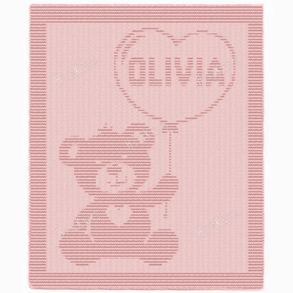 Olivia Stroller Blanket Knitting Pattern showing a textured teddy bear holding a heart-shaped balloon with the name Olivia inside, on a solid dusty rose blanket with a garter stitch border, worked in one color, 130 stitches x 230 rows.