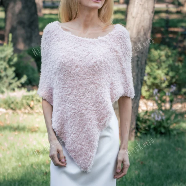 Free Faux Fur Wedding Poncho Knitting Pattern showing a soft white fluffy triangular poncho draped over the shoulders with a long front point, worked in garter stitch, one size fitting S, M, and L.