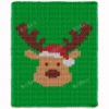 Reindeer Finger Blanket Knitting Pattern - Rudolph style reindeer face with brown antlers, a beige muzzle and a red Santa hat with white trim on a green background, festive Christmas mood, worked in stockinette colorwork intarsia with 5 colors: Green, Beige, Brown, Red, White.