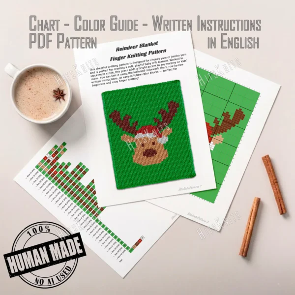 Reindeer Finger Blanket Knitting Pattern - Rudolph style reindeer face with brown antlers, a beige muzzle and a red Santa hat with white trim on a green background, festive Christmas mood, worked in stockinette colorwork intarsia with 5 colors: Green, Beige, Brown, Red, White.