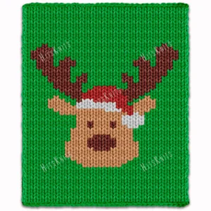 Reindeer Finger Blanket Knitting Pattern - Rudolph style reindeer face with brown antlers, a beige muzzle and a red Santa hat with white trim on a green background, festive Christmas mood, worked in stockinette colorwork intarsia with 5 colors: Green, Beige, Brown, Red, White.