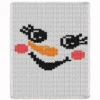 Snowman Face Finger Knit Blanket Pattern - close-up snowgirl face with black eyes and lashes, an orange carrot nose, a coal smile and red cheeks on a white ground, cheerful winter mood, worked in stockinette colorwork intarsia with 4 colors: White, Black, Orange, Red.