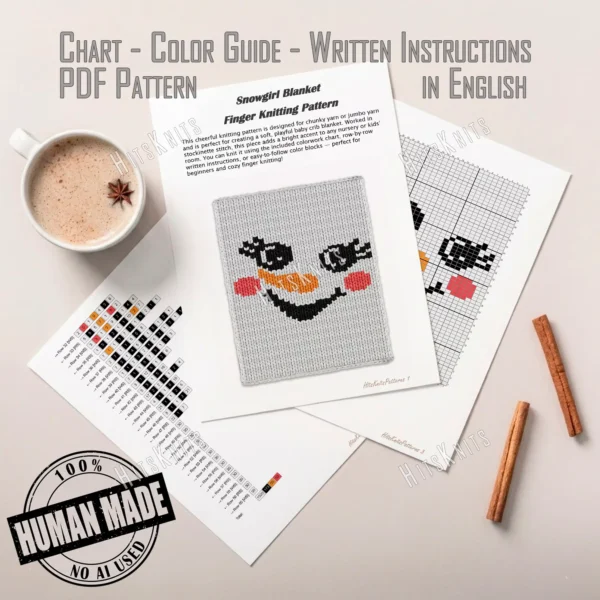 Snowman Face Finger Knit Blanket Pattern - close-up snowgirl face with black eyes and lashes, an orange carrot nose, a coal smile and red cheeks on a white ground, cheerful winter mood, worked in stockinette colorwork intarsia with 4 colors: White, Black, Orange, Red.