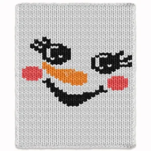 Snowman Face Finger Knit Blanket Pattern - close-up snowgirl face with black eyes and lashes, an orange carrot nose, a coal smile and red cheeks on a white ground, cheerful winter mood, worked in stockinette colorwork intarsia with 4 colors: White, Black, Orange, Red.