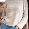 Cozy Women's Basic Sweater Knitting Pattern showing a relaxed drop-shoulder pullover in marled cream, oat, and sand, worked in stockinette stitch with rolled hem, cuffs, and neckline, sizes S to 2XL.