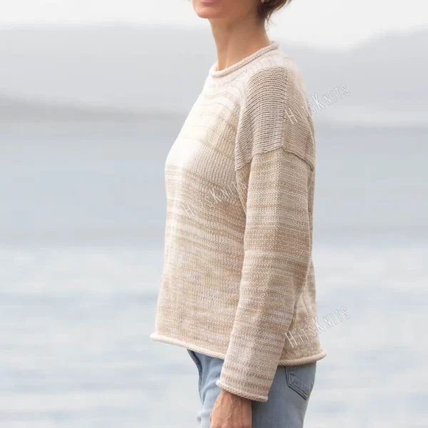Cozy Women's Basic Sweater Knitting Pattern showing a relaxed drop-shoulder pullover in marled cream, oat, and sand, worked in stockinette stitch with rolled hem, cuffs, and neckline, sizes S to 2XL.