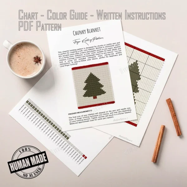 Christmas Tree Finger Knit Blanket Pattern - a classic green pine tree with a small brown trunk on an ivory background, framed by a red stripe at the top and bottom, cozy holiday mood, worked in stockinette colorwork intarsia with 4 colors: Ivory, Green, Red, Brown.