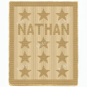 Nathan Baby Name Blanket Knitting Pattern showing the name Nathan in textured knit and purl lettering with rows of stars, on a solid sand beige blanket with a garter stitch border, worked in one color, 100 stitches x 190 rows.
