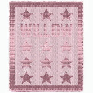 Willow Baby Name Blanket Knitting Pattern showing the name Willow in textured knit and purl lettering with rows of stars, on a solid blush pink blanket with a garter stitch border, worked in one color, 100 stitches x 190 rows.