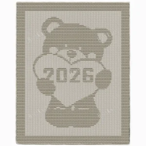 Teddy Bear 2026 Stroller Blanket Knit Pattern showing a textured silhouette of a teddy bear with two round ears hugging a heart marked 2026, on a solid single-color blanket with a garter stitch border, worked in one color, 130 stitches x 230 rows.