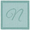 Free Calligraphy Letter N Blanket Knitting Pattern showing a textured calligraphic capital letter N in raised relief at the centre of a solid single-colour blanket with a garter stitch border, worked in one colour, 140 stitches x 210 rows.