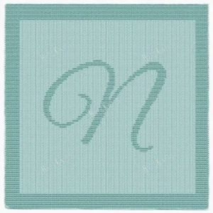 Free Calligraphy Letter N Blanket Knitting Pattern showing a textured calligraphic capital letter N in raised relief at the centre of a solid single-colour blanket with a garter stitch border, worked in one colour, 140 stitches x 210 rows.