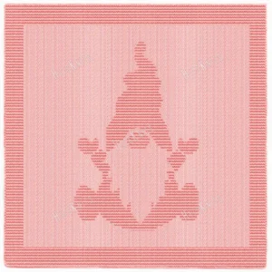 Scandinavian Gnome Blanket Knitting Pattern showing a textured silhouette of a Christmas gnome with a tall pointed hat and long beard, on a solid single-color blanket with a garter stitch border, worked in one color, 140 stitches x 210 rows.